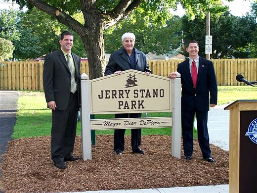 Mayor Dean DePiero, Councilman Sean Brennan (right), and former State Senator Jerry Stano (center) at the dedication of Stano Park.
